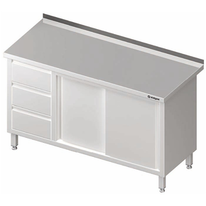 Stół przyścienny z blokiem trzech szuflad po lewej stronie i szafką z drzwiami suwanymi 1500x600x850 mm | STALGAST, 980466150