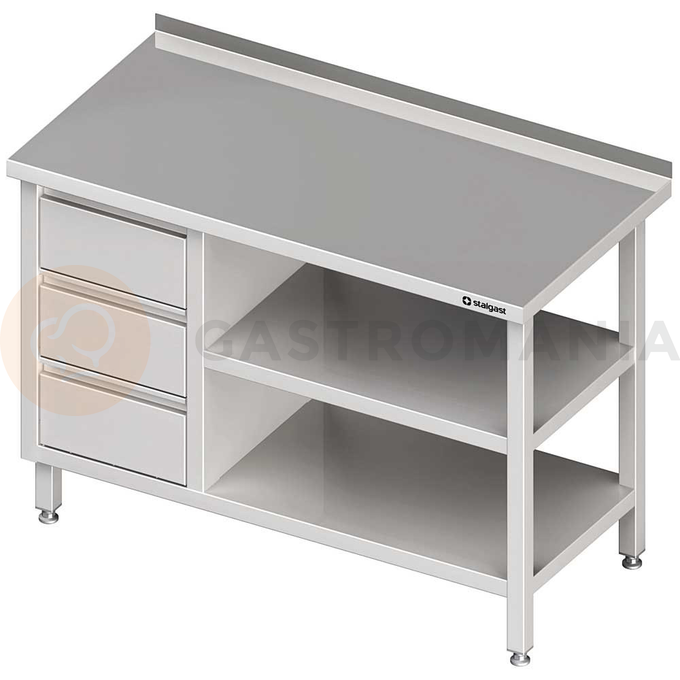 Stůl nerezový přístěnný s blokem se třemi zásuvkami na levé straně a s dvěma policemi 800x600x850 mm |  STALGAST, 980406080