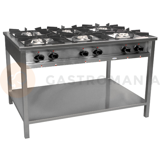 Gastronomický plynový sporák 6 hořáků, 1300x700x850 mm s policí, 1x3,4+2x5+2x6,5+1x8 kW | EGAZ, TG-6737.III