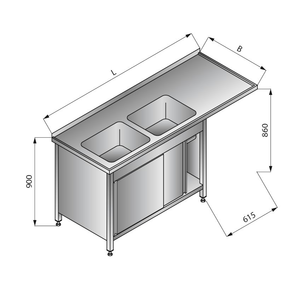 Stůl s dvoukomorovým dřezem na levé straně, se skříňkou s posuvnými dveřmi 1800x700x900 mm | LOZAMET, LO348/L