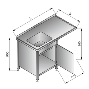Stůl s jednokomorovým dřezem na levé straně, se skříňkou, 1300x700x900 mm | LOZAMET, LO343/L