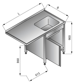 Stůl s jednokomorovým dřezem na pravé straně, se skříňkou, 1300x700x900 mm | LOZAMET, LO343/P