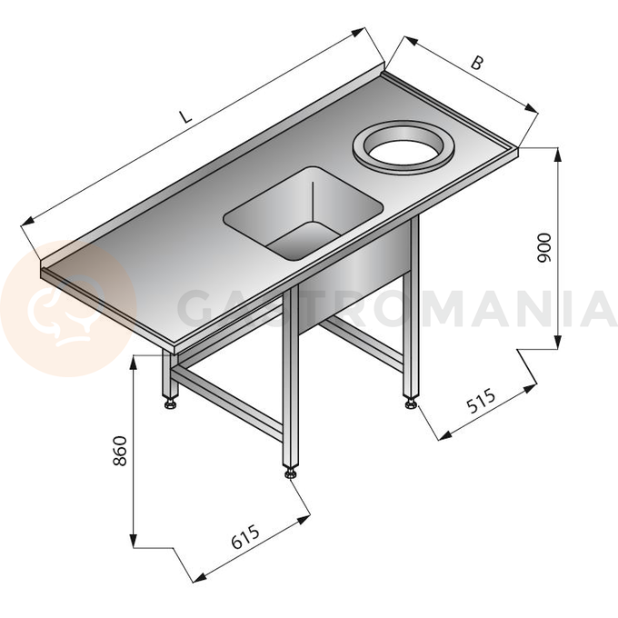 Stůl s jednokomorovým dřezem a otvorem na odpadky vpravo, 1800x700x900 mm | LOZAMET, LO350/P