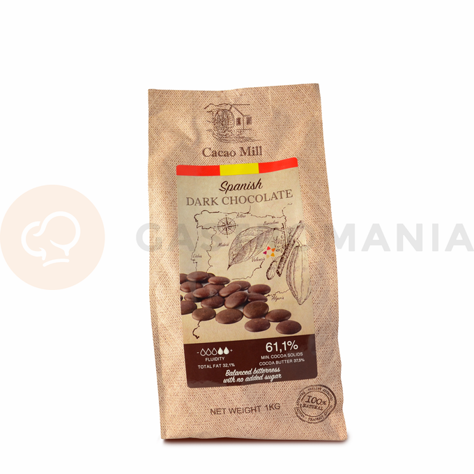 Španělská hořká čokoláda 61,1 % bez cukru, 1 kg balení, dropsy | NATRA CACAO, Dark No Sugar