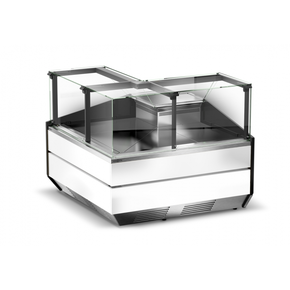 Modul chladicího rohového pultu vnější s tvrzeným svislým rovným sklem, horním otvíráním, systémem sušení skla a nerezovou deskou 1400x1200x1210 mm | RAPA, L-X/NZ