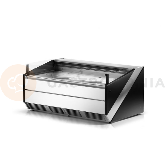 Chladicí pult modulární s tvrzeným rovným, svislým, krátkým sklem, systémem sušení skla a deskou z nerezové oceli 1345x1200x930 mm | RAPA, L-Xi