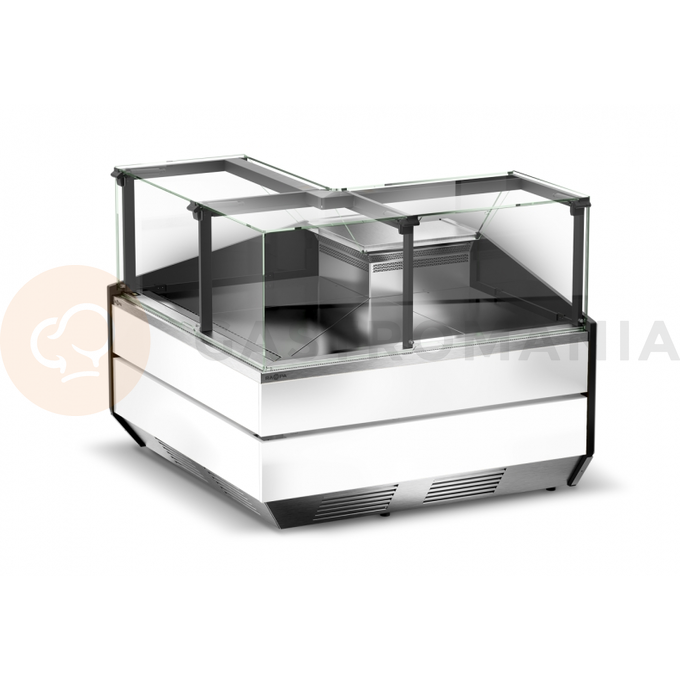 Modul chladicího rohového pultu vnější s tvrzeným svislým rovným sklem, horním otvíráním, systémem sušení skla a nerezovou deskou 1400x1200x1210 mm | RAPA, L-X/NZ