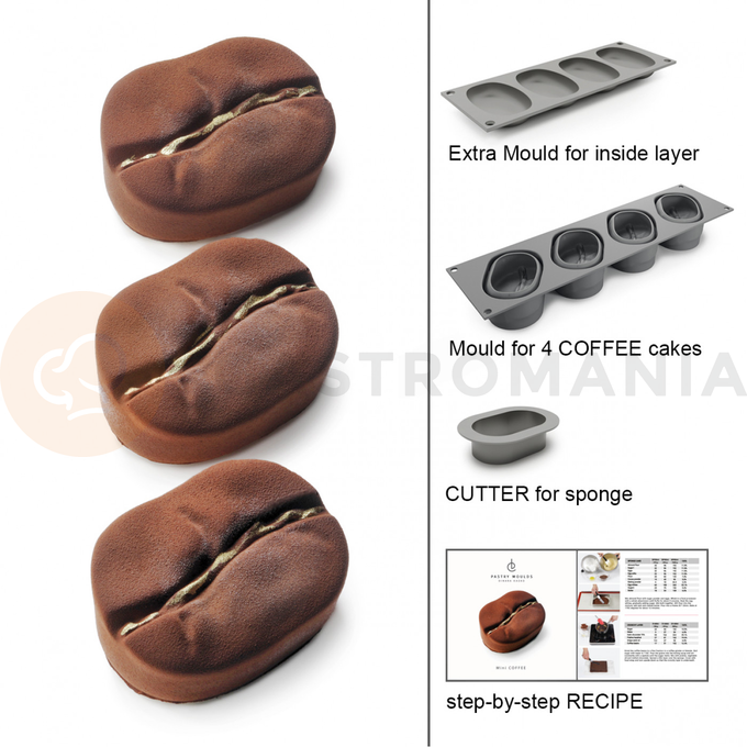 Silikonová forma na dezerty a monoporce, kávové zrno, 4x 150 ml, 100x380x60 mm | DINARA KASKO, Coffee Mini