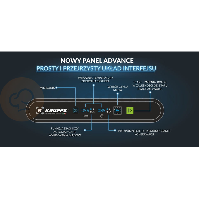 Zmywarka do szkła i talerzy, system podwójnych koszy 500x500 mm, panel elektroniczny Advance, 400 V, 585x600x815 mm | KRUPPS, Cube Line C537TE-DL50