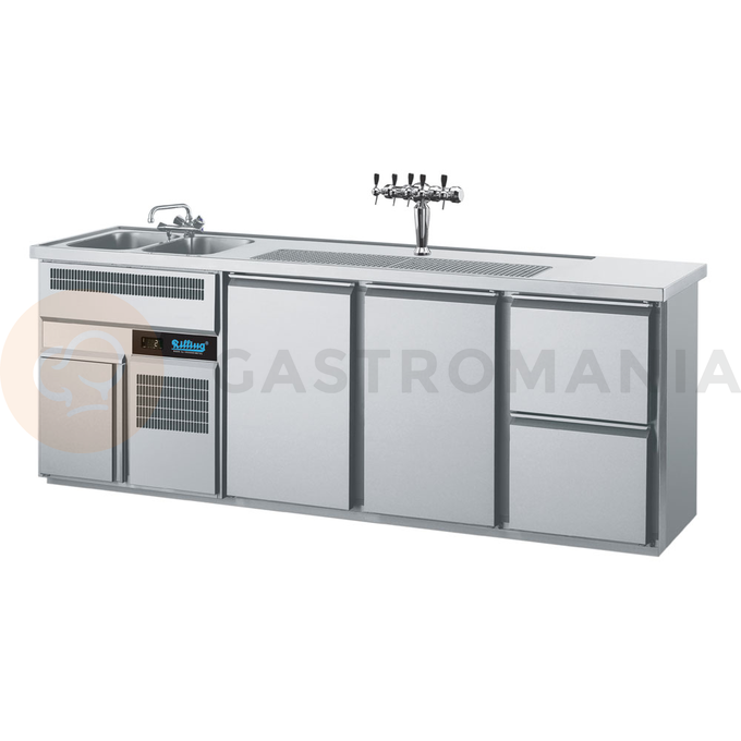 Barowy stół chłodniczy 2500x700x980 mm z 2 szufladami, 2 drzwiami i zlewem po lewej stronie | RILLING, AGT M732L 81-1/1/2