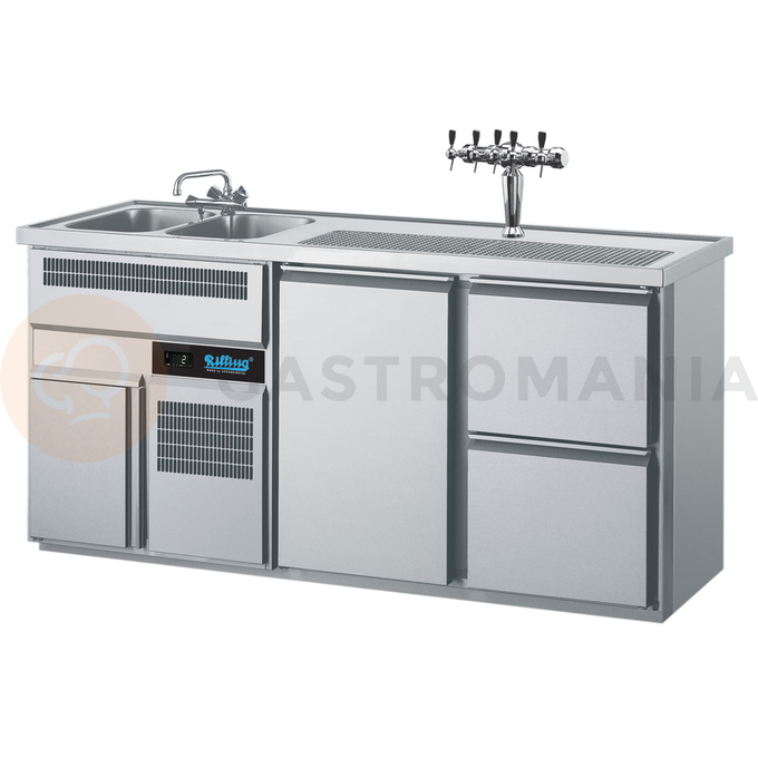 Chladící barový stůl 1950x700x980 mm, 2 zásuvky, dvířka, dřez na levé straně | RILLING, AGT M722L 81-1/2