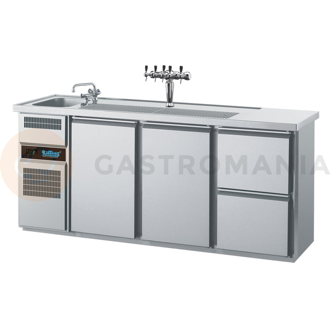 Chladící barový stůl 2100x700x980 mm, 2 zásuvky, 2dvéřový, dřez na levé straně | RILLING, AGT M731L 81-1/1/2