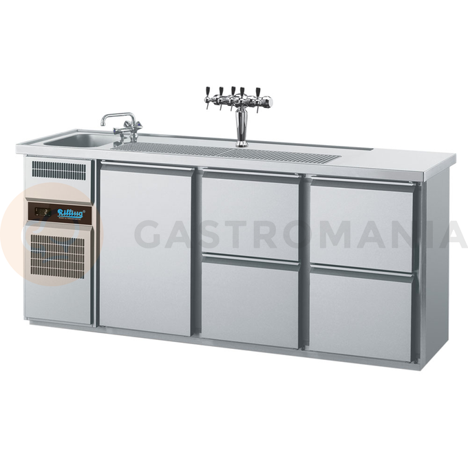 Chladící barový stůl 2100x700x980 mm, 4 zásuvky, dvířka, dřez na levé straně | RILLING, AGT M731L 81-1/2/2