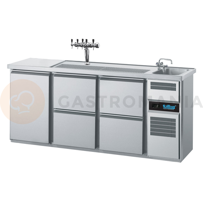 Chladící barový stůl 2100x700x980 mm, 4 zásuvky, dvířka, dřez na pravé straně | RILLING, AGT M731R 81-1/2/2
