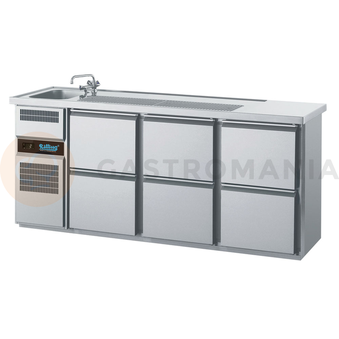 Chladící barový stůl 2100x700x980 mm, 6 zásuvek, dřez na levé straně | RILLING, AGT M731L 81-2/2/2