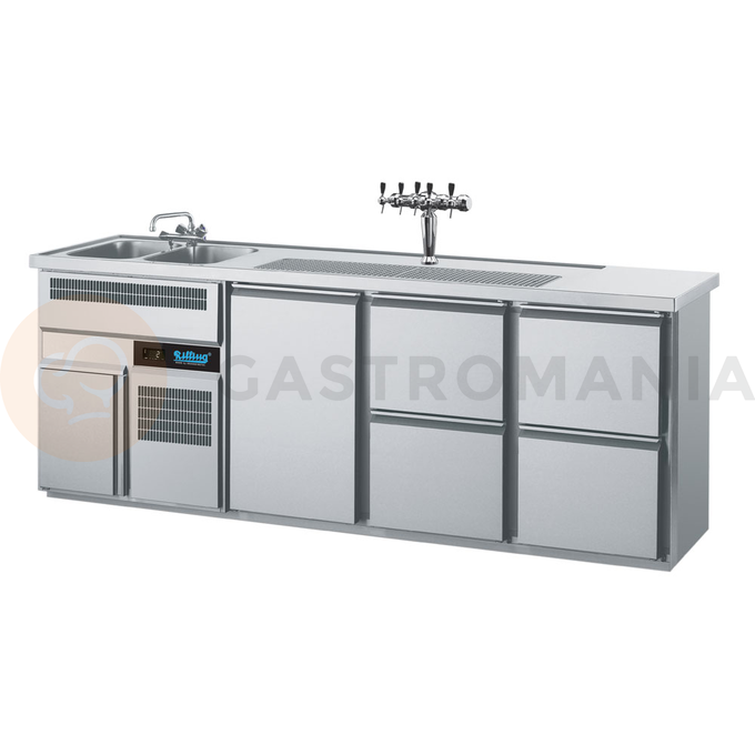 Chladící barový stůl 2500x700x980 mm, 4 zásuvky, dvířka, dřez na levé straně | RILLING, AGT M732L 81-1/2/2