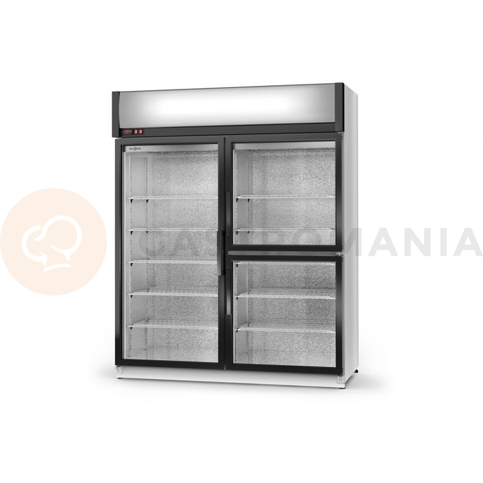 Chladící skříň jednostranně prosklenná s křídlovými dveřmi, dvoukomorová, třídveřová, horní agregát, ventilátor, 4 kl., nerezový vnitřek, 1400x750x2020 mm | RAPA, SCh - S 1400 / 3D