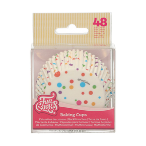 Košíčky na cupcake, průměr 5 cm, 48 ks bílé s barevnými puntíky | FUNCAKES, F84230