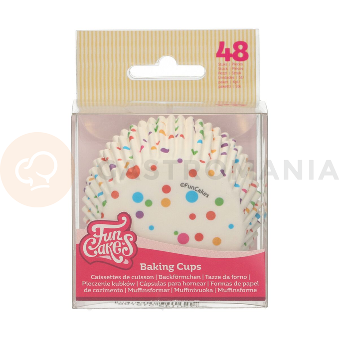 Košíčky na cupcake, průměr 5 cm, 48 ks bílé s barevnými puntíky | FUNCAKES, F84230