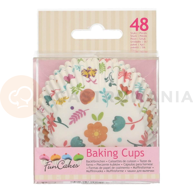 Košíčky na cupcake, průměr 5 cm, 48 ks bílé s květy | FUNCAKES, FC4204