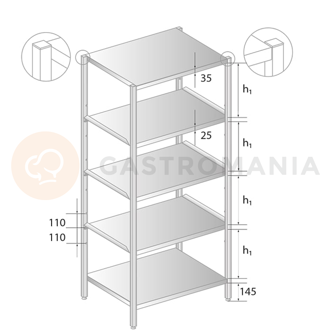 Skladovací regál z nerezové oceli s nastavitelnými policemi 1000x600x2000 mm | DORA METAL, DM-3321