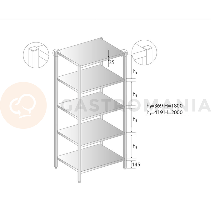 Skladovací regál z nerezové oceli s pěti policemi 1000x700x2000 mm | DORA METAL, DM-3320