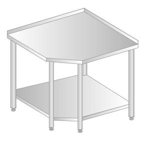 Stůl nástěnný rohový z nerezové oceli s policí, 868x868x600x600x379x850 mm | DORA METAL, DM-3105