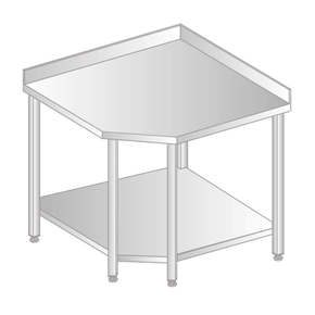 Stůl nástěnný rohový z nerezové oceli s policí se zadní lištou a okapovou lištou, 868x868x600x600x379x850 mm | DORA METAL, DM-S-3105