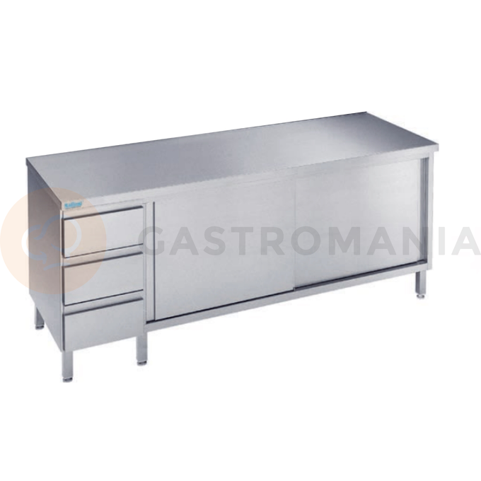Pracovní stůl 1800x700x900 mm, 2 police, blok se 3 zásuvkami, 2 posuvné dveře a pracovní deska bez zadního lemu  | RILLING, ASS 0718A S3L0