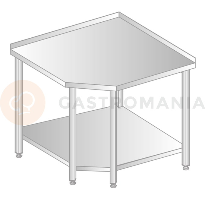 Stůl nástěnný rohový z nerezové oceli s policí, 868x868x600x600x379x850 mm | DORA METAL, DM-3105