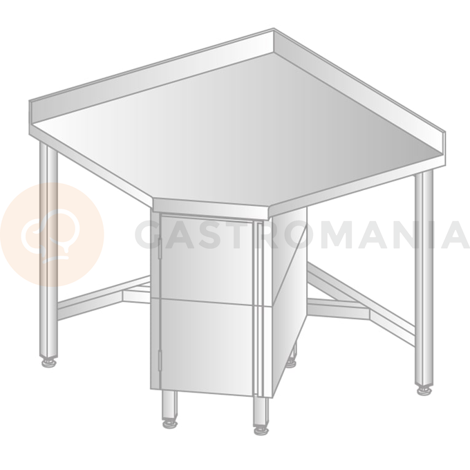 Stůl nástěnný rohový z nerezové oceli se skříňkou, zadní lištou a okapovou lištou, 868x868x600x600x379x850 mm | DORA METAL, DM-S-3110