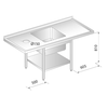 Stůl nástěnný z nerezové oceli s místem na myčku, otvorem pro odpad, dřezem a poličkou 1800x600x850 mm | DORA METAL, DM-3229