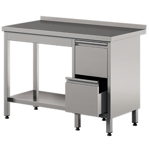 Nerezový přístěnný stůl se 2 zásuvkami a policí 1100x600x850 mm | ASBER, WT-116-PL-2DR-S