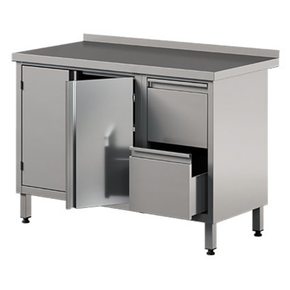 Nerezový přístěnný stůl se 2 zásuvkami a skříňkou, křídlové dveře 1400x600x850 mm | ASBER, WM-146-PL-2HD-2DR