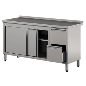 Nerezový přístěnný stůl se 2 zásuvkami a skříňkou, posuvné dveře 1200x600x850 mm | ASBER, WM-126-PL-2SD-2DR