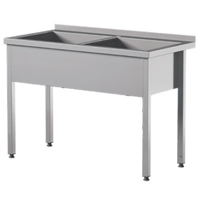 Přístěnný nerezový stůl s dvoukomorovou vanou, hloubka komory 300 mm 1400x600x850 mm | ASBER, SBTW-1463/2-PL