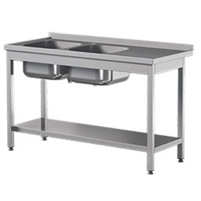 Přístěnný nerezový stůl s poličkou a dvoukomorovým dřezem 2100x600x850 mm | ASBER, STW-216/2-PL-L-S