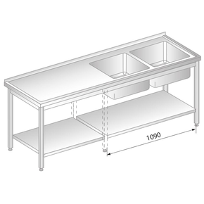 Stůl nástěnný z nerezové oceli s 2 dřezy a poličkou 1800x700x850 mm | DORA METAL, DM-3213