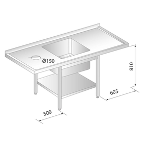 Stůl nástěnný z nerezové oceli s místem na myčku, otvorem pro odpad, dřezem a poličkou 1700x600x850 mm | DORA METAL, DM-3229