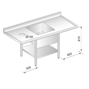 Stůl nástěnný z nerezové oceli s místem na myčku, otvorem pro odpad, dřezem, poličkou, zadní lištou a okapovou lištou 2100x600x850 mm | DORA METAL, DM-S-3229