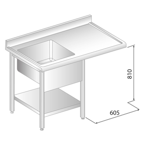 Stůl nástěnný z nerezové oceli s místem na myčku, dřezem, poličkou, zadní lištou a okapovou lištou 1900x600x850 mm | DORA METAL, DM-S-3272