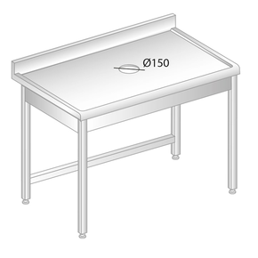 Stůl nástěnný z nerezové oceli s otvorem pro odpad, zadní lištou a okapovou lištou 1500x700x850 mm | DORA METAL, DM-S-3228
