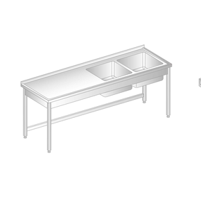 Stůl nástěnný z nerezové oceli s 2 dřezy 1500x700x850 mm | DORA METAL, DM-3010