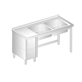 Stůl nástěnný z nerezové oceli s 2 dřezy a skříňkou 1700x700x850 mm | DORA METAL, DM-3015