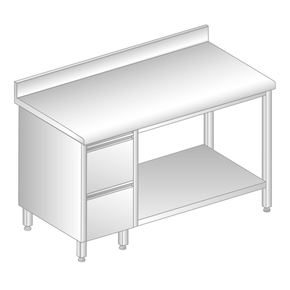Stůl nástěnný z nerezové oceli s 2 šuplíky, poličkou, zadní lištou a okapovou lištou 1200x600x850 mm | DORA METAL, DM-S-3114