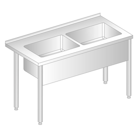 Stůl nástěnný z nerezové oceli s dvoukomorovou vanou 1200x600x850 mm, výš. komory = 300 mm | DORA METAL, DM-3249