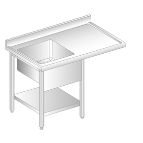 Stůl nástěnný z nerezové oceli s místem na myčku, dřezem, poličkou, zadní lištou a okapovou lištou 1900x600x850 mm | DORA METAL, DM-S-3272