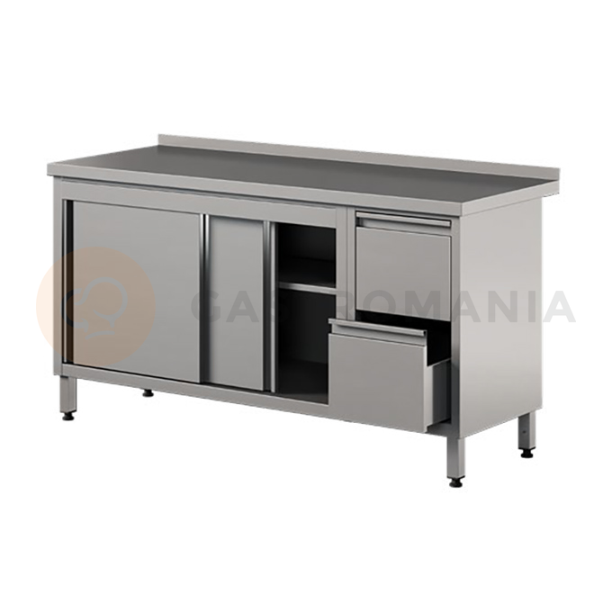 Nerezový přístěnný stůl se 2 zásuvkami a skříňkou, posuvné dveře 1200x600x850 mm | ASBER, WM-126-PL-2SD-2DR