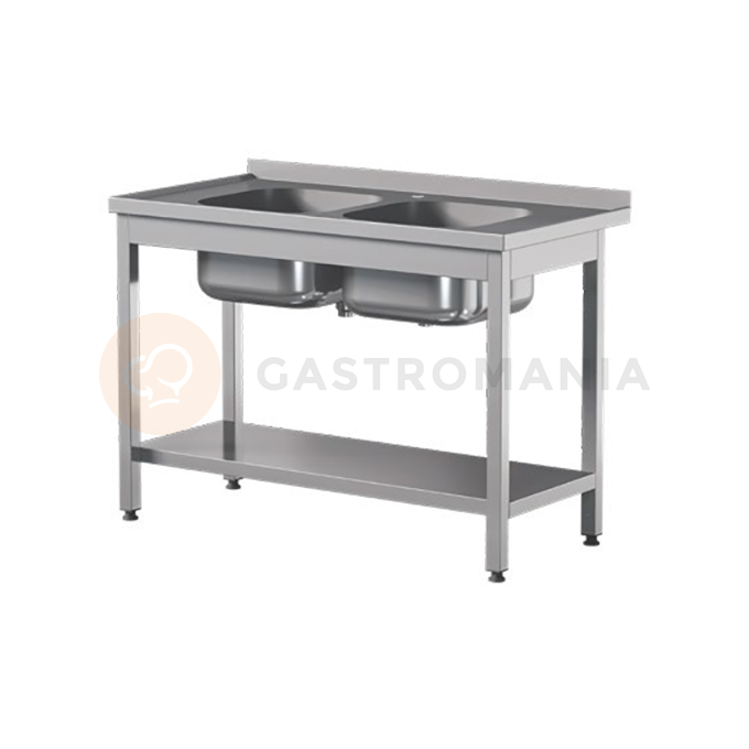 Přístěnný nerezový stůl s poličkou a dvoukomorovým dřezem 1000x600x850 mm | ASBER, STW-106/2-PL-S
