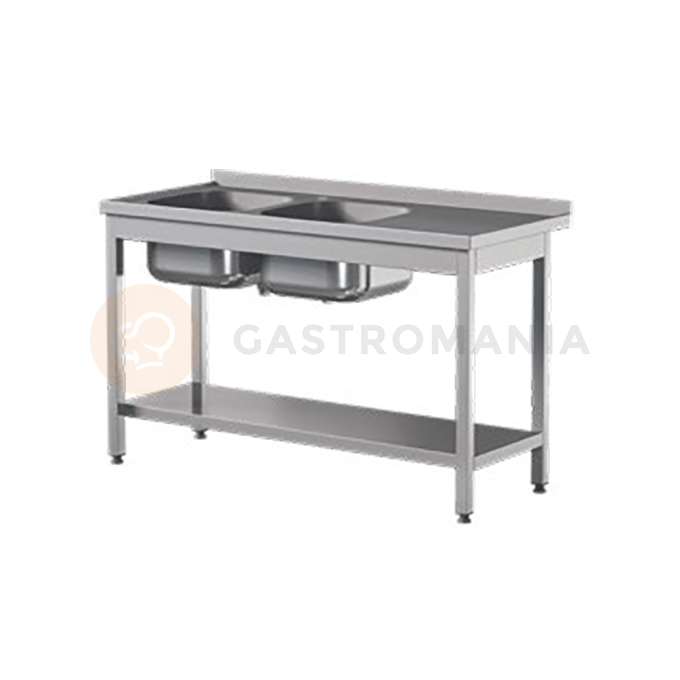 Přístěnný nerezový stůl s poličkou a dvoukomorovým dřezem 1400x600x850 mm | ASBER, STW-146/2-PL-L-S